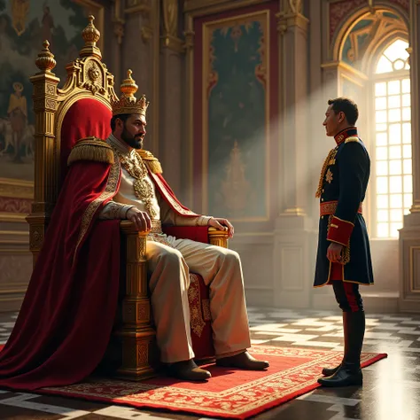  A king is sitting on his throne and a court general is standing in front of him.
