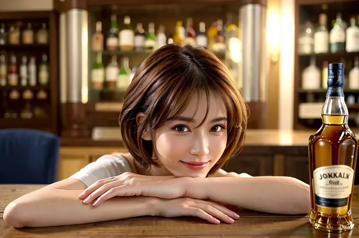 8k,Brown short hair,The best smile、Happy Smile、3、Age 34、Japanese actress,Super Beauty(Like the real thing),Short sleeve dress,Whiskey bottles、The Macallan、Johnnie Walker、、Old Parr、whiskey、Suntory、Nikka、Slim couple、Model Couple、(Realistic, Intricate details...