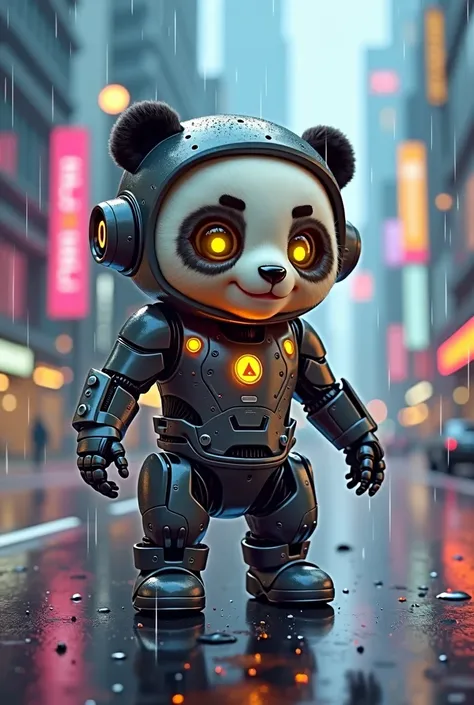 (photorealism:1.2), 
A cartoon caricature of a baby panda wearing a futuristic robot suit. The pandas eyes are glowing with yellow lights, giving it a high-tech look. It stands in the middle of a futuristic city with tall, sleek buildings and neon lights. ...