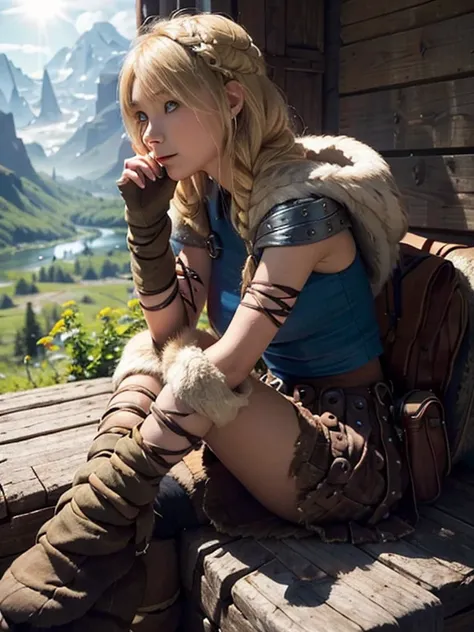 astrid hofferson, Skinny body, small bust, perfect hands, mini skirt, Sitting in front, 2 legs, shows her legs, very beautiful, mountains in the distance, shining sun