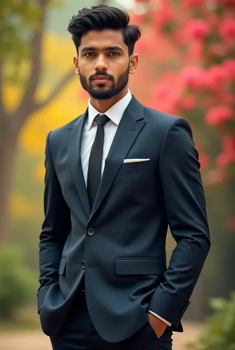 A 18-20 years Bangladeshi boy who ware formal dress and stand with Stylish and background were colourful nature and blur.Hair style are right hand and formal. Without breed.