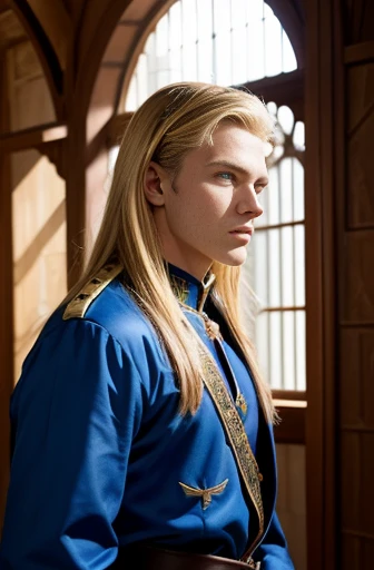 Inside a Western castle,Teenage blonde,blue eyes,Looking into the distance,Bold and handsome face,whole body,The upper half of the costume is a crimson prince&#39;s costume studded with jewels.,White gloves,The lower half of the body is covered in tight wh...