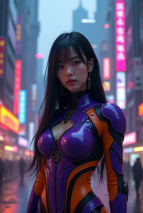 A cinematic photo of a futuristic cityscape with towering skyscrapers, neon lights, and a bright color palette. The lighting is dramatic, with a strong chiaroscuro effect casting deep shadows and highlighting the striking features of a Korean woman with lo...