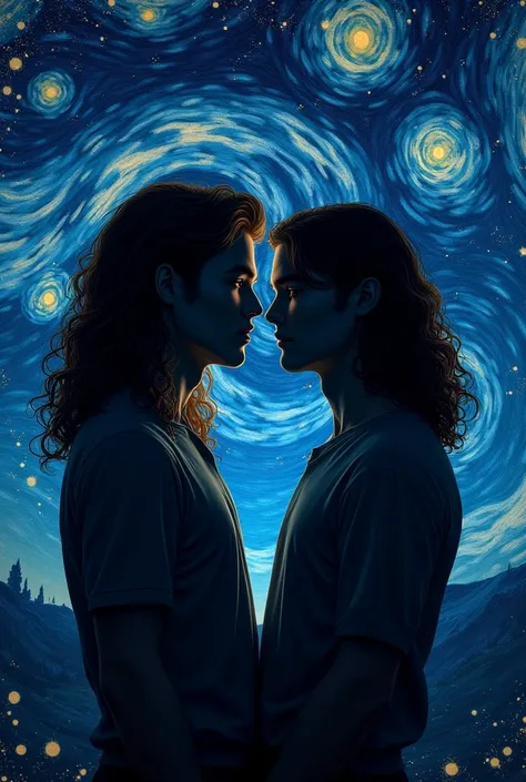 A picture of a gay couple, one with long curly hair aged 22 and another with long straight hair aged 27 with the background of the starry night of vangoh the two men, without any beard and with clothes and both with black hair, that they look like silhouet...