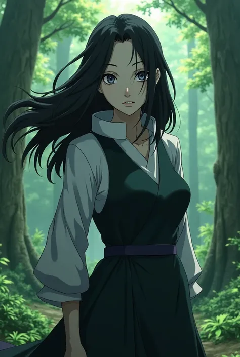 I want an image of “kushina uzumaki” sexy girl from the Naruto shippuden anime with: White skin, black eyes and with one eye that has the rinegan, Black hair, sexy ninja costume outfit , forest landscape, Screenshot, season 4 of bones studio”