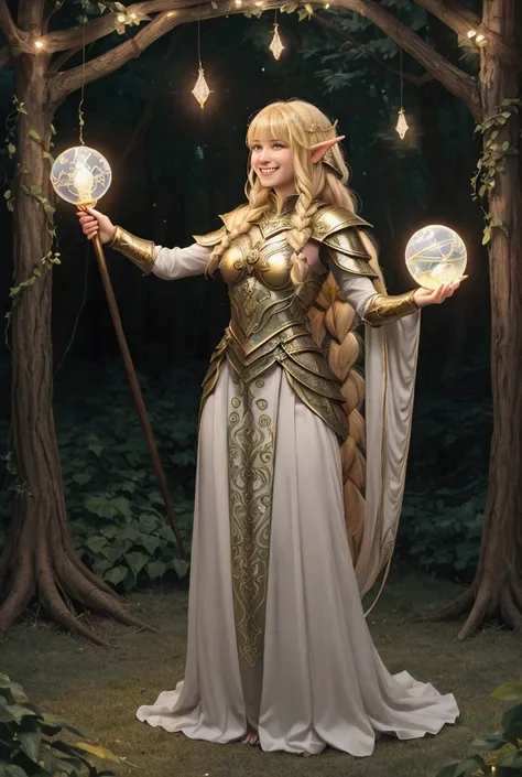 A young beautiful & attractive dryad girl, High Resolution, Long Hair, Looking at viewer, Blonde Hair, Multicolored Hair, Braided Bangs, long elvish ear, with orbs of illumination background, wearing beautiful, smiling, showing teeth, wearing leaves and ar...