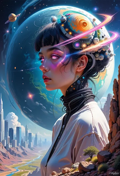 a woman stands in front of a painting depicting a planet, futuristic city in the background, psychotrance, interconnected human ...