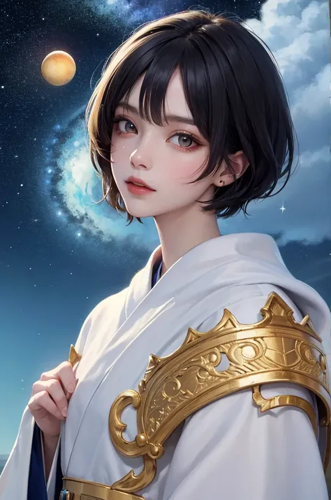 masterpiece，Highest quality，8k，Detailed skin texture，Detailed cloth texture，Beautifully detailed face，Intricate details，Ultra-detailed，Portrait of Rei Ayanami，Black Hair，Red colored eyes，Pixie Cut，Light blue sky background,Blue and gold heavenly robe,Face ...