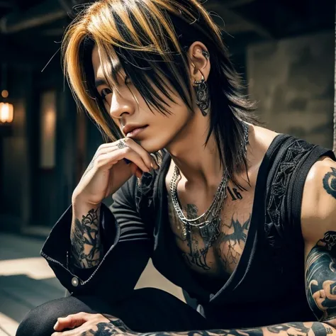 1 man, male, Japanese man, Visual Kai hairstyle, ultra detailed face and body, hyperrealistic, realistic representation, muscular, broad shoulders, tattoos gothic style, piercings, Visual Kei style, hairstyle Visual Kei, blond, long hair, 40 years old, out...