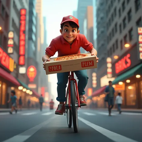 Create an image of a delivery boy with a pizza box with your cell phone 