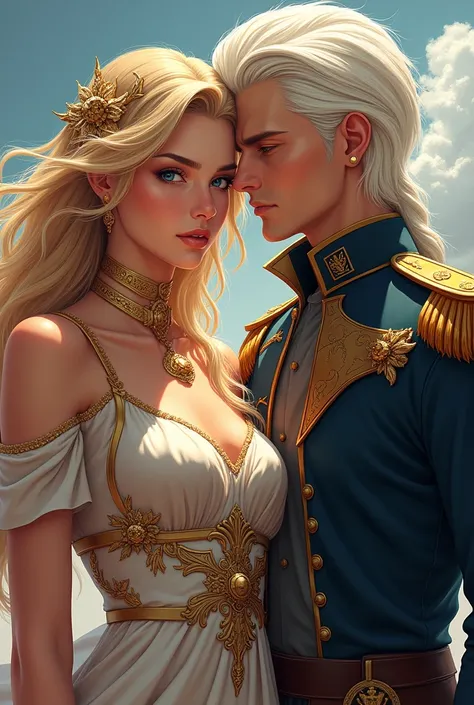 Wattpad Cover Dedicated to Novel by Impossibly Beautiful Young Femme Fatale, Incredibly beautiful blonde, Princess of Venus and General of the Earth Army, At all, Beautiful, stately, masculine mature man with long straight platinum hair. anime style.