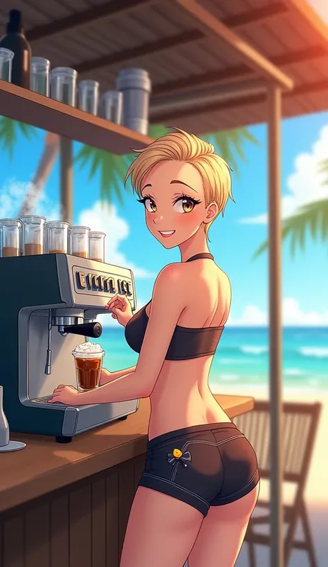 Anime style, small coffee shop on the beach, ice caffee, sexy woman barista make coffee, suny beach, shorts, swimsuit bra, sleeveless short t-shirt, shaved hair above the ear, pressure coffee machine, shelves with glasses, ice maker, High Resolution, Maste...