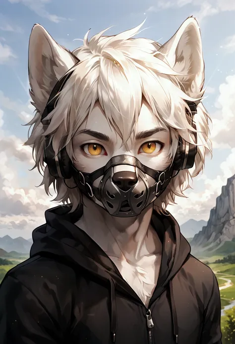 
furry, solo, (humanoid male wolf), wolf boy, (white body), adorable, wearing muzzle, short white hair, slim figure, wearing black hoodie, front view, full view, portrait, wearing muzzle, looking at viewer, focus on character, wearing muzzle, outdoor, land...