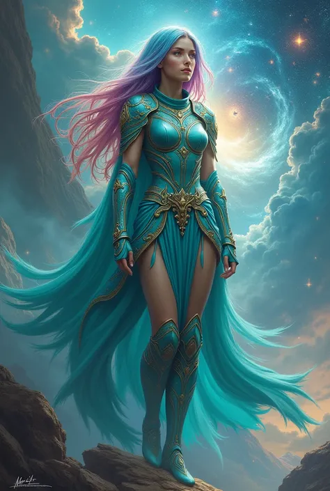 a girl with rainbow colored hair and detailed turquoise armor, standing, rainbow space nebula background, stars, galaxies, complex parts, perfect face