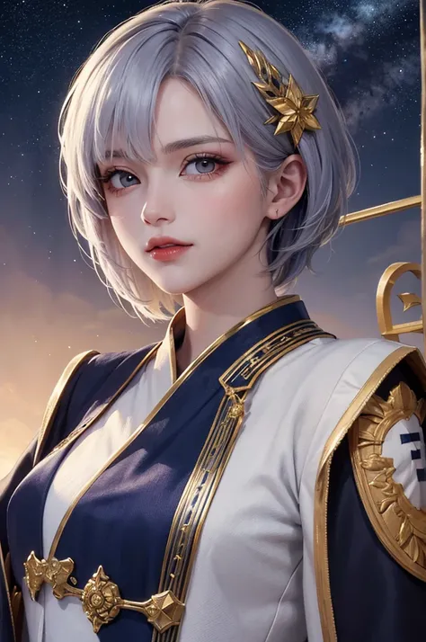 masterpiece，Highest quality，8k，Detailed skin texture，Detailed cloth texture，Beautifully detailed face，Intricate details，Ultra-detailed，Portrait of Rei Ayanami，Black Hair，Red colored eyes，Long Cut，Light blue sky background,Purple and gold heavenly robe,Face...