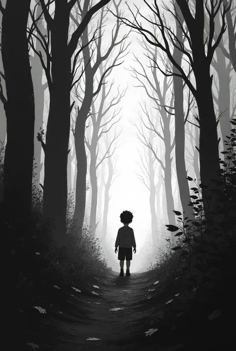 Create an image for a black and white pop album, of a boy lost in a forest 