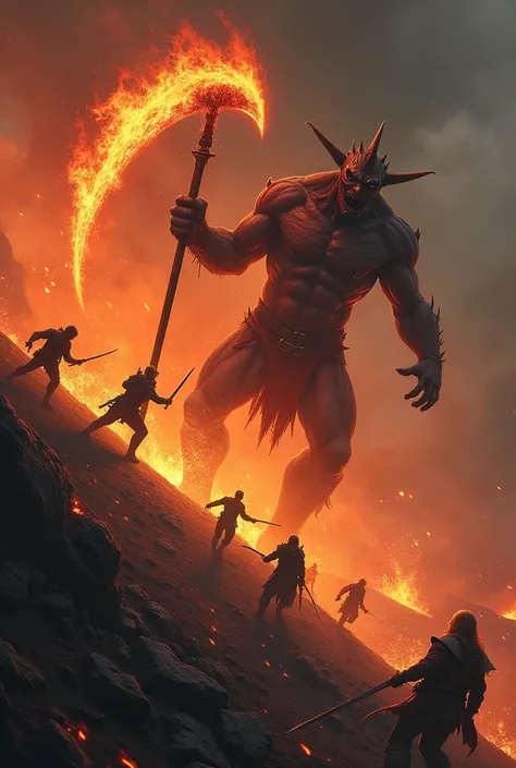 Demon holding a scythe of flame and fighting a group of adventurers groups in the side of volcano and killing a group of people in the side of volcano and people kill a dimon