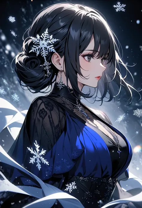 Alone, beautiful, 1 lady, mature, blue gothic dress, styled hair, black hair, long bangs, black eyes, upper body, snowflakes 