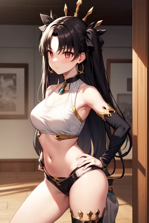 aaishtar, long hair, two side up, hair ribbon, tiara, parted bangs, hoop earrings, jewelry, neck ring, single sleeve, detached sleeves, single thighhigh, black thighhighs, 1girl, black micro shorts, tank top, ass, erotic and perfect goddess body,  standing...