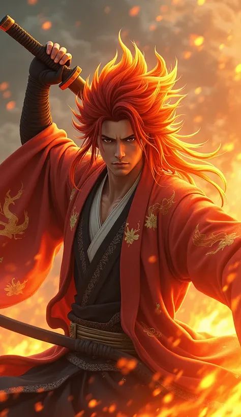 "The powerful and charismatic Flame Pillar, Kyojuro Rengoku, is depicted in a highly detailed and realistic style. He has striking fiery red and orange long hair, and his face expresses a strong, determined presence. He wears a detailed Demon Slayer unifor...