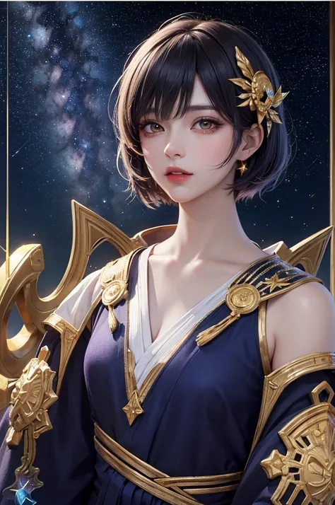 masterpiece，Highest quality，8k，Detailed skin texture，Detailed cloth texture，Beautifully detailed face，Intricate details，Ultra-detailed，Portrait of Rei Ayanami，Black Hair，Red colored eyes，Pixie Cut，Starry sky background,Purple and gold heavenly robe,Face fr...