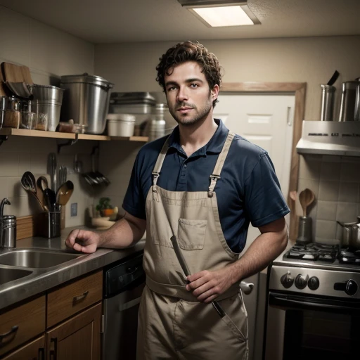 Realistic photo of a 2 plumber, wearing work clothes, standing in a kitchen, preparing to fix the water pipes. He has short, slightly curly dark brown hair, thick and neatly cut. The background shows a typical kitchen setting.