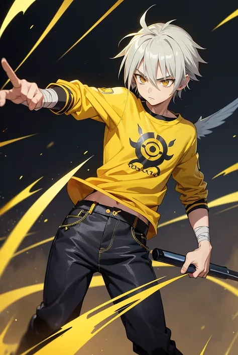 1boy, masculin, teenager, solo, shaman king, slim, gray hair, spiky hair, medium hair, bangs, bright golden eyes, horns, yellow dragon wings, light yellow sport jacket, black t- shirts, Bandaged hands, black jeans, stand, holding thunder ball,