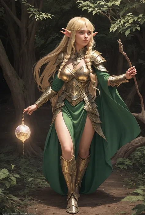 A young beautiful & attractive dryad girl, High Resolution, Long Hair, Looking at viewer, Blonde Hair, Multicolored Hair, Braided Bangs, long elvish ear, with levitating orbs of illumination background, wearing beautiful, serious face fucosed, showing teet...