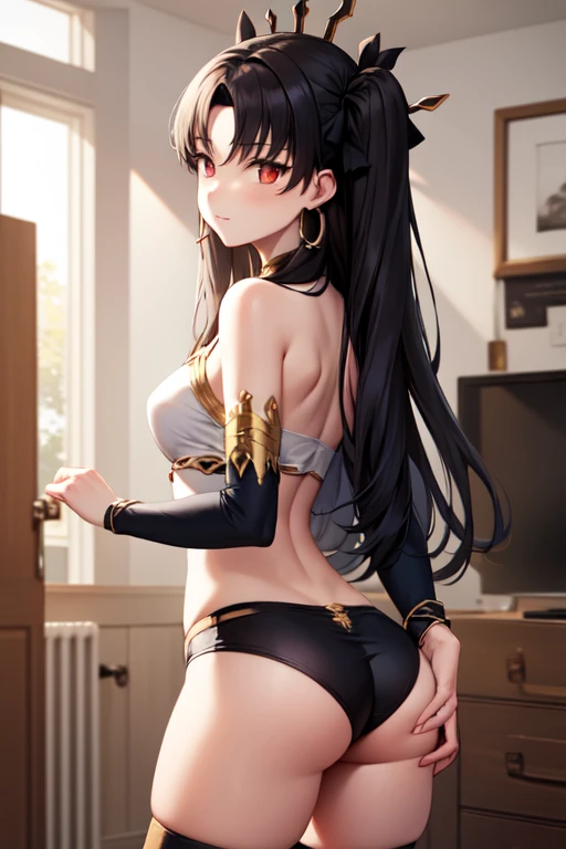 aaishtar, long hair, two side up, hair ribbon, tiara, parted bangs, hoop earrings, jewelry, neck ring, single sleeve, detached sleeves, single thighhigh, black thighhighs, 1girl, black micro shorts, tank top, ass, backview, erotic and perfect goddess body,...