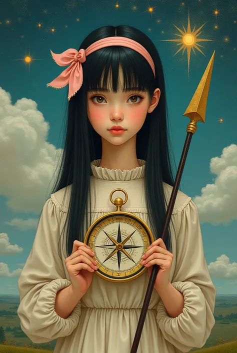 Cholaks, Surrealist, save, Hilma af Klint&#39;s Style, Girl with long straight black hair, headband with pink bow, compass on left hand, a spear,