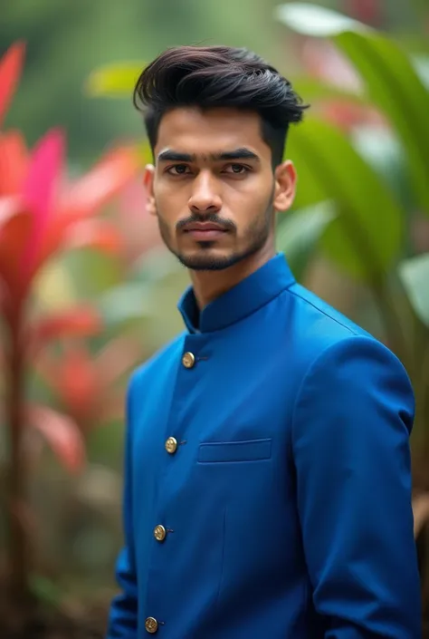 A 18-20 years Bangladeshi boy face without breed.who ware  blue formal dress and stand with Stylish and background were colourful nature and blur.