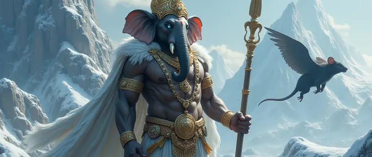 Dark ,Masterpiece, HRD, 8k , Realistic,A handsome Indian Hindu elephant head and human body , god ,gold, blue glowing eyes, god of war ,spear ,giant black mouse ,flying ,ice mountains 