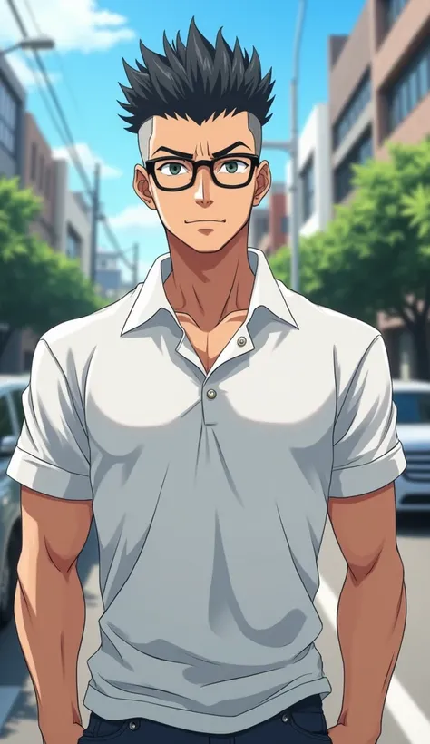 The hairstyle is shaved,Japanese,wild,White polo shirt, Muscular,Standing pose, Black-rimmed glasses,Looking into the camera, Smooth Skin, Outdoor urban environment, Buildings and cars in the background, Bright sunny day, Light from above, Soft Shadows, Ca...