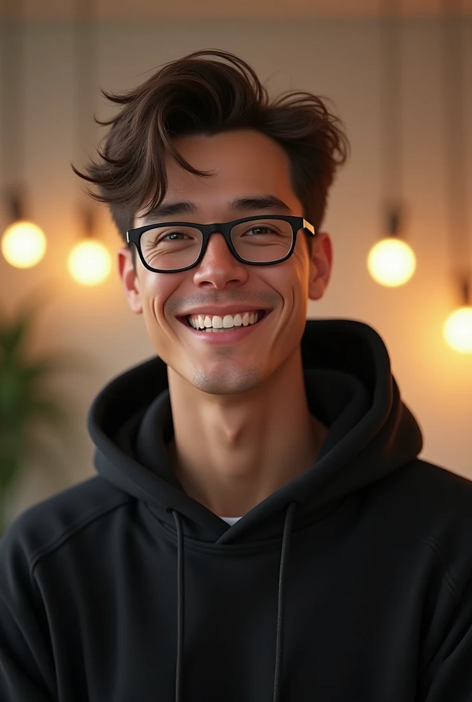 Generate an image of a young white male character, friendily looking, smiling, wearing glasses wearing a casual black hoodle, with soft lighting.