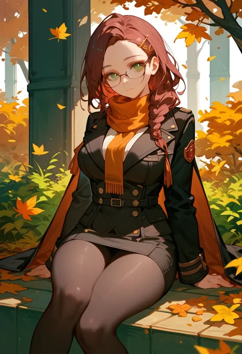  sitting, score_9_up, score_8_up, score_7_up, score_6_up, score_9_up,score_8_up, adult woman, big breast,burgundy hair, glasses, (forehead), braid, green eyes, (black coat), scarf, autumn, hair clip, skirt, black pantyhose 
