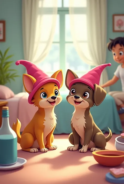 a cartoon-like scene with two dogs standing in a room. One chihuahua is wearing a pink hat and appears to be smiling, while the other dog is standing next to it, also wearing a pink hat. The room has a bed in the background, and a person can be seen in the...