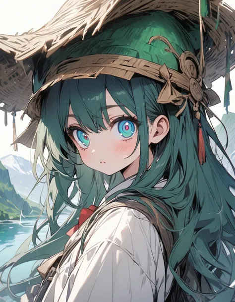 Costume, long hair, girl, big eyes, Green mountains and blue water,