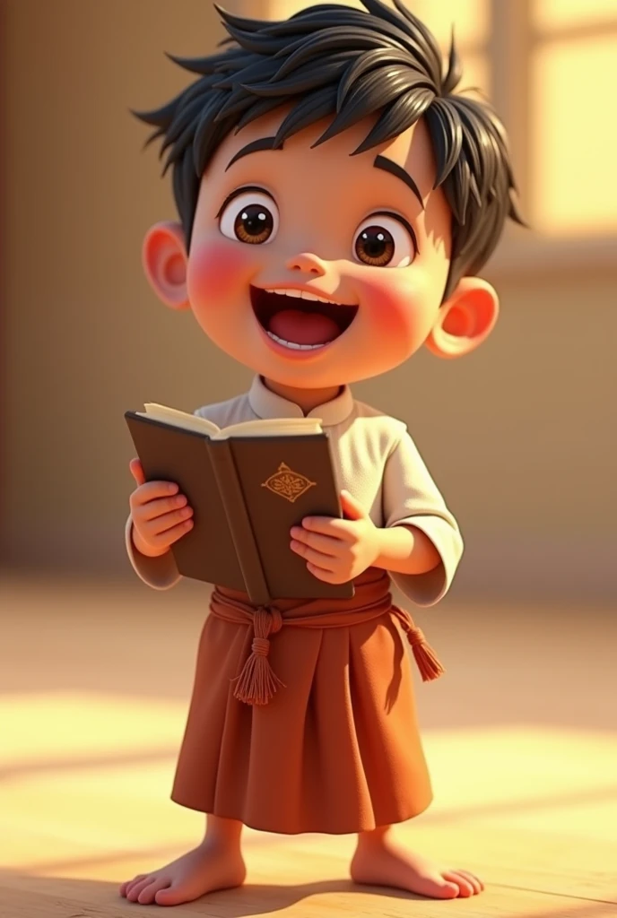 A 3D realistic animation of a cute young boy, full of energy and excitement, wearing a traditional sarong. He is holding the Quran in his hands with a bright, cheerful expression on his face. His eyes are wide with enthusiasm, and his smile reflects his jo...