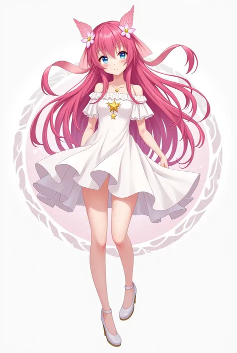 a girl with pink hair, blue eyes, long, oval hair wearing a pink ribbon on both sides, wearing a white off-the-shoulder dress, white high heels and a winged star necklace anime so cute