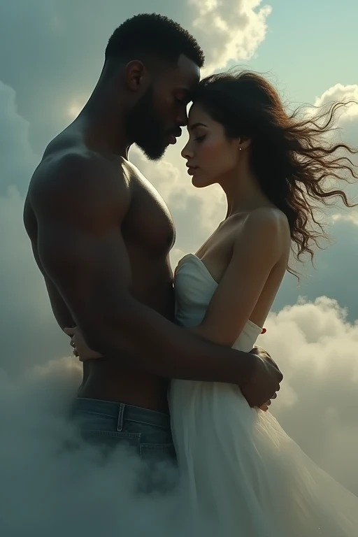 A black man and a beautiful topless woman. The two of them embrace in the sad sky. Romantic.、fly in the sky