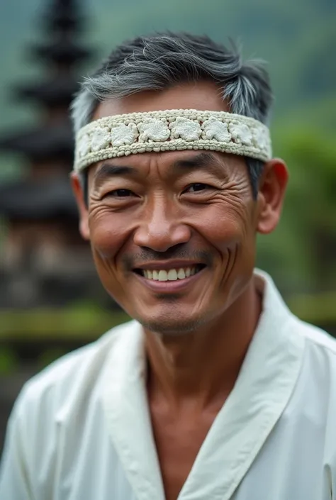 A man with undercut gray hair , wearing a Balinese white 333 motif headband, white barong shirt, smiling looking at the camera, close up, (Bali stupa background) bokeh, ultra Hd, realistic cinematic