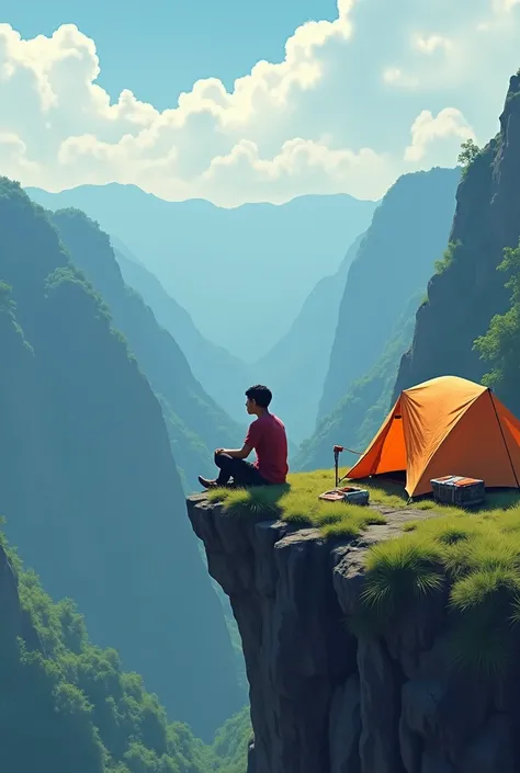 An Indonesian man with short hair, was sitting on the edge of a cliff, there was a tent and tent equipment beside him