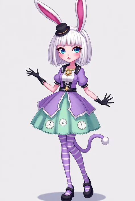 Imagem da filha da Kitty Cheshire e da Bunny Blanc de Ever After High: A teenage girl with short straight white hair to her shoulders with bangs, bunny ears with a very small black hat headband with a gold watch, blue eyes with cat pupils, Pink skin, lilac...