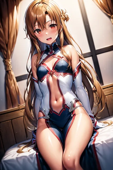 ((Highest quality)), ((masterpiece)), (be familiar with), Perfect Face, indoor, Bedroom, Watching the audience,
One woman, Yuuki Asuna,
Open Mouth, Ecstatic expression, blush, smile,
Small breasts, Flat Chest, , , child, Girl,
Long Hair, Long Hair,
Leg spr...