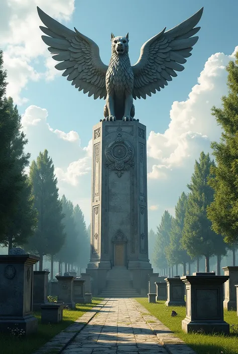 Une grosse stèle avec un griffon taillé en pierre, au milieu dun cimetière.