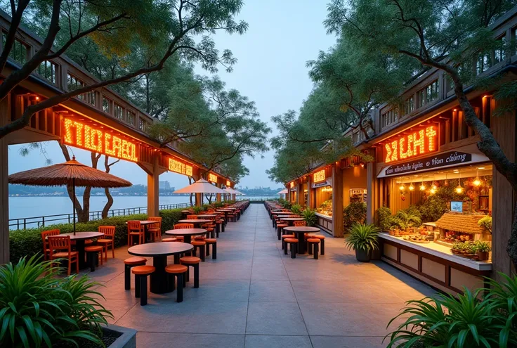 A panoramic long shot top view photo from the Saigon River looking to "Street Food Sai Gon" a park area next to the Saigon River, clothing store kiots seating area with tropical greenery such as the facade of the food kiosks with glowing LED signs, thatch ...