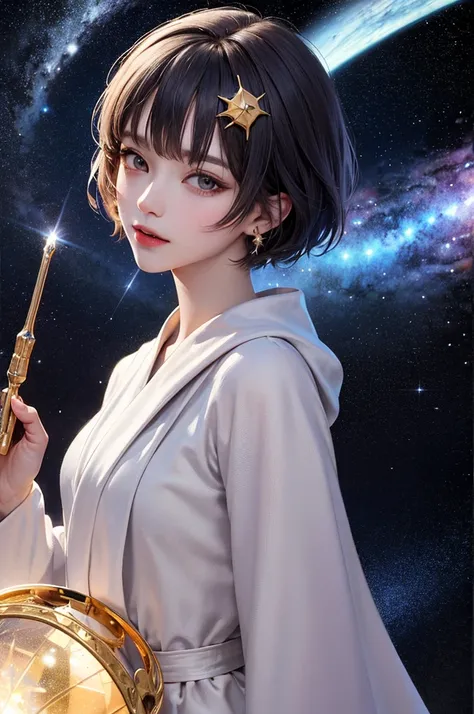 masterpiece，Highest quality，8k，Detailed skin texture，Detailed cloth texture，Beautifully detailed face，Intricate details，Ultra-detailed，Portrait of Rei Ayanami，Black Hair，Red colored eyes，Pixie Cut，水色のStarry sky background，Starry sky background,Purple and g...