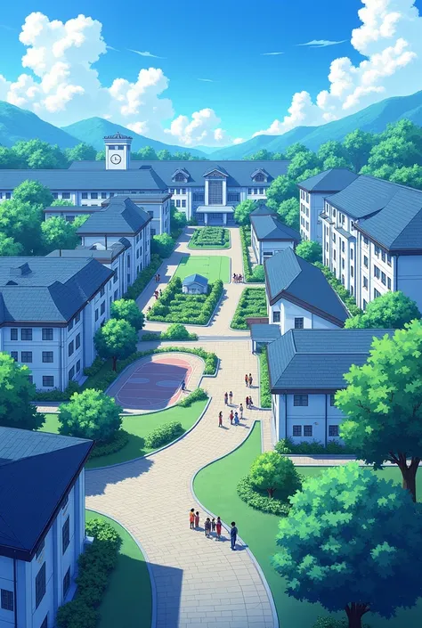 Verseria academy, a fictional school set in Japan,with several classrooms, just a big clock fixed to the building, a courtyard, a sports court, a garden inside a greenhouse with glass male and female dormitories, a canteen a lively environment with lots of...