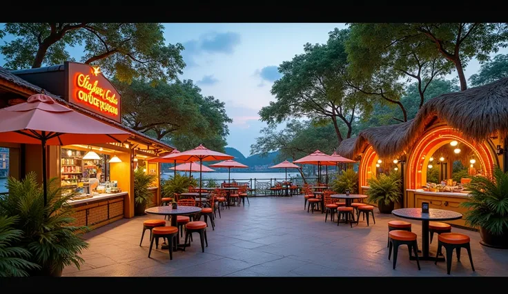 A panoramic long shot top view photo from the Saigon River looking to "Street Food Sai Gon" a park area next to the Saigon River, clothing store kiots seating area with tropical greenery such as the facade of the food kiosks with glowing LED signs, thatch ...