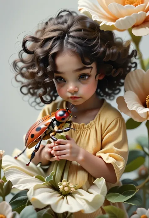 black skin tone of a child, black curly hair, dark brown eyes, yellow dress with flowers, i hold a ladybug in my hand, silver ba...